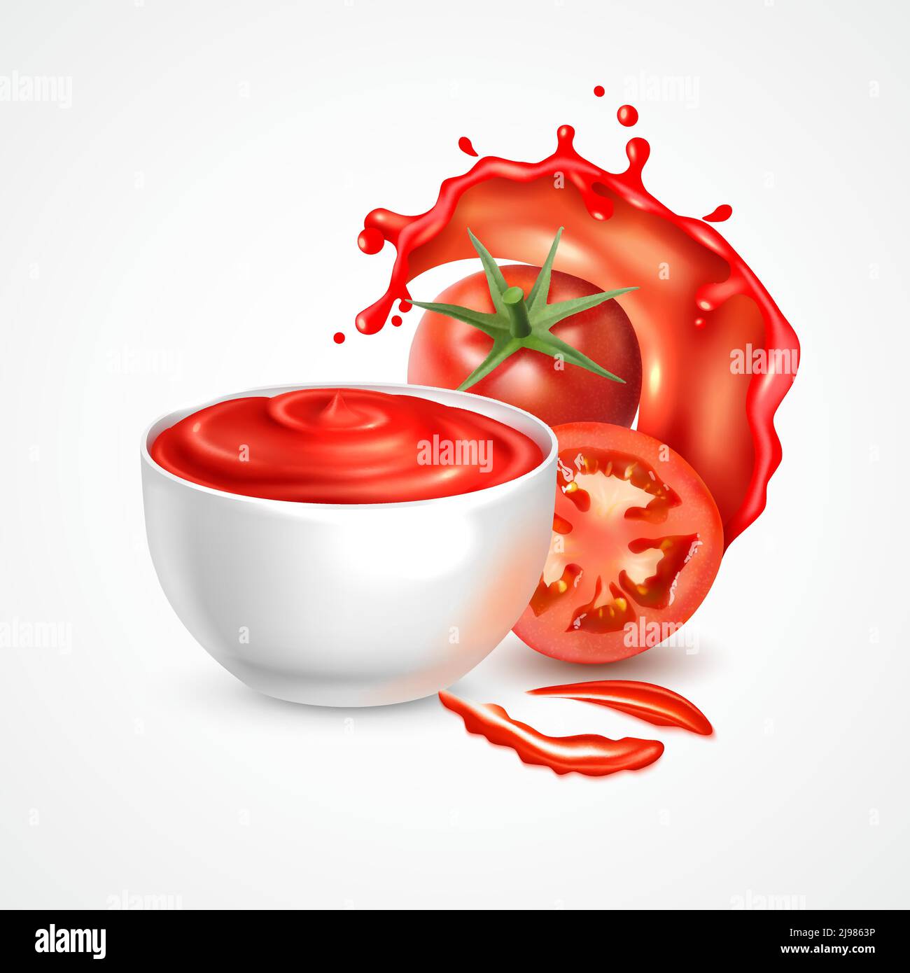 Tomato sauce bowl realistic composition with fresh whole vegetable and ...