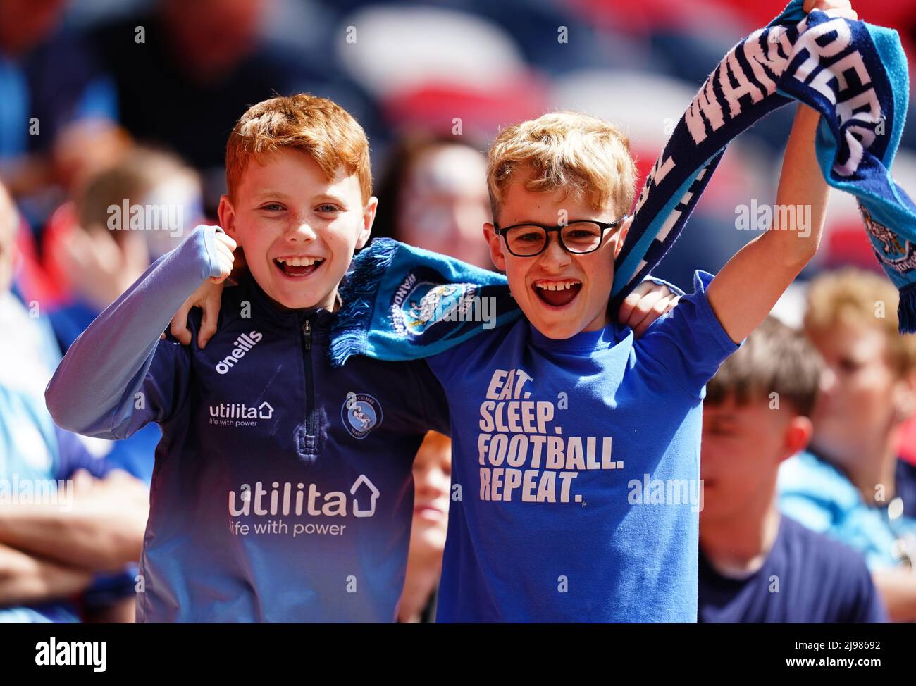 Wycombe Wanderers fans in the stands before the Sky Bet League One play-off final at Wembley Stadium, London. Picture date: Saturday May 21, 2022. Stock Photo