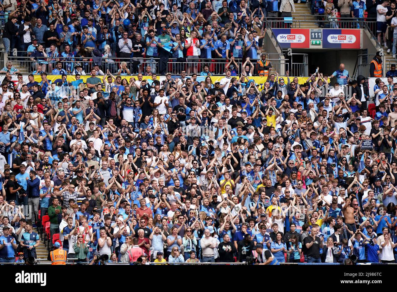 Wycombe Wanderers fans in the stands before the Sky Bet League One play-off final at Wembley Stadium, London. Picture date: Saturday May 21, 2022. Stock Photo