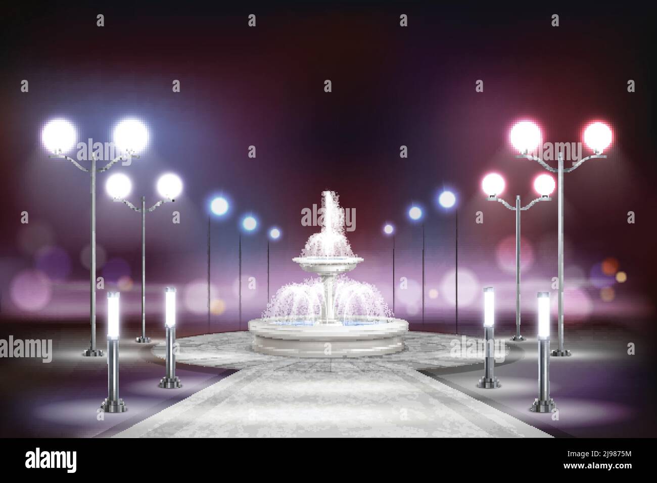 Street lights realistic composition with square with a large white fountain at the street vector illustration Stock Vector