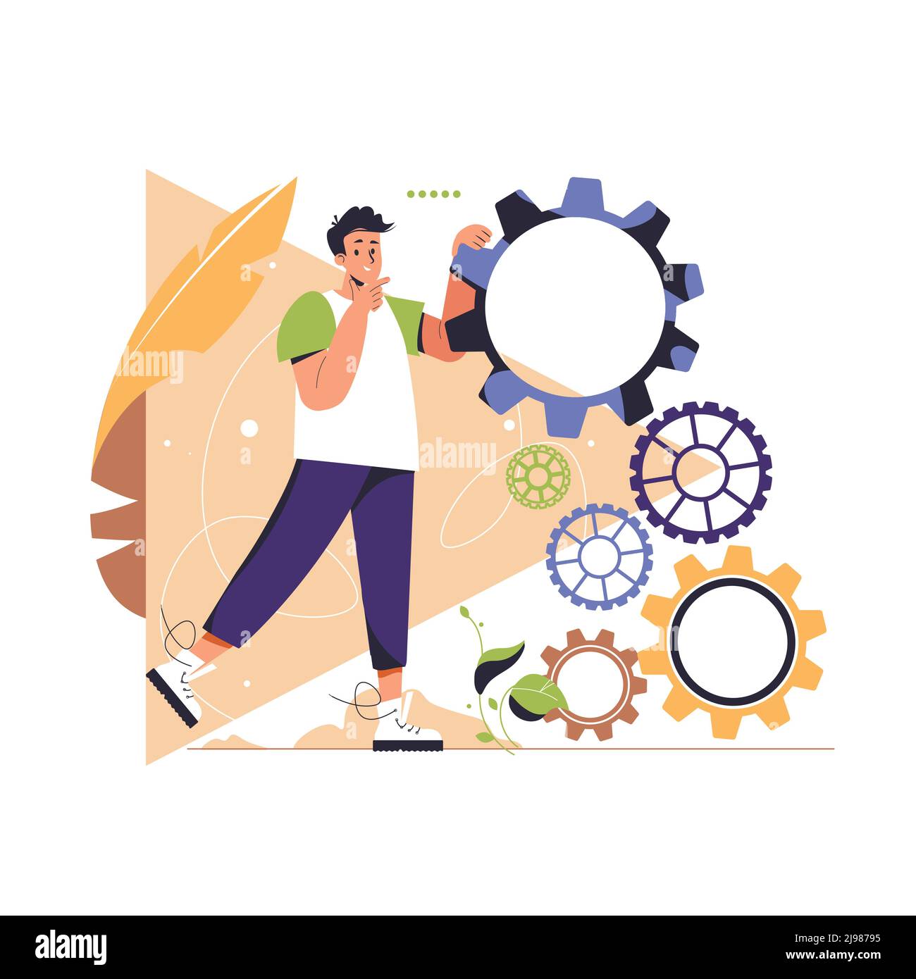 Man with logical, technical, structural thinking. Different mental mindset types or models. Mind behaviour, mental perceiving, psychological concept. Color flat vector illustration isolated on white.  Stock Vector