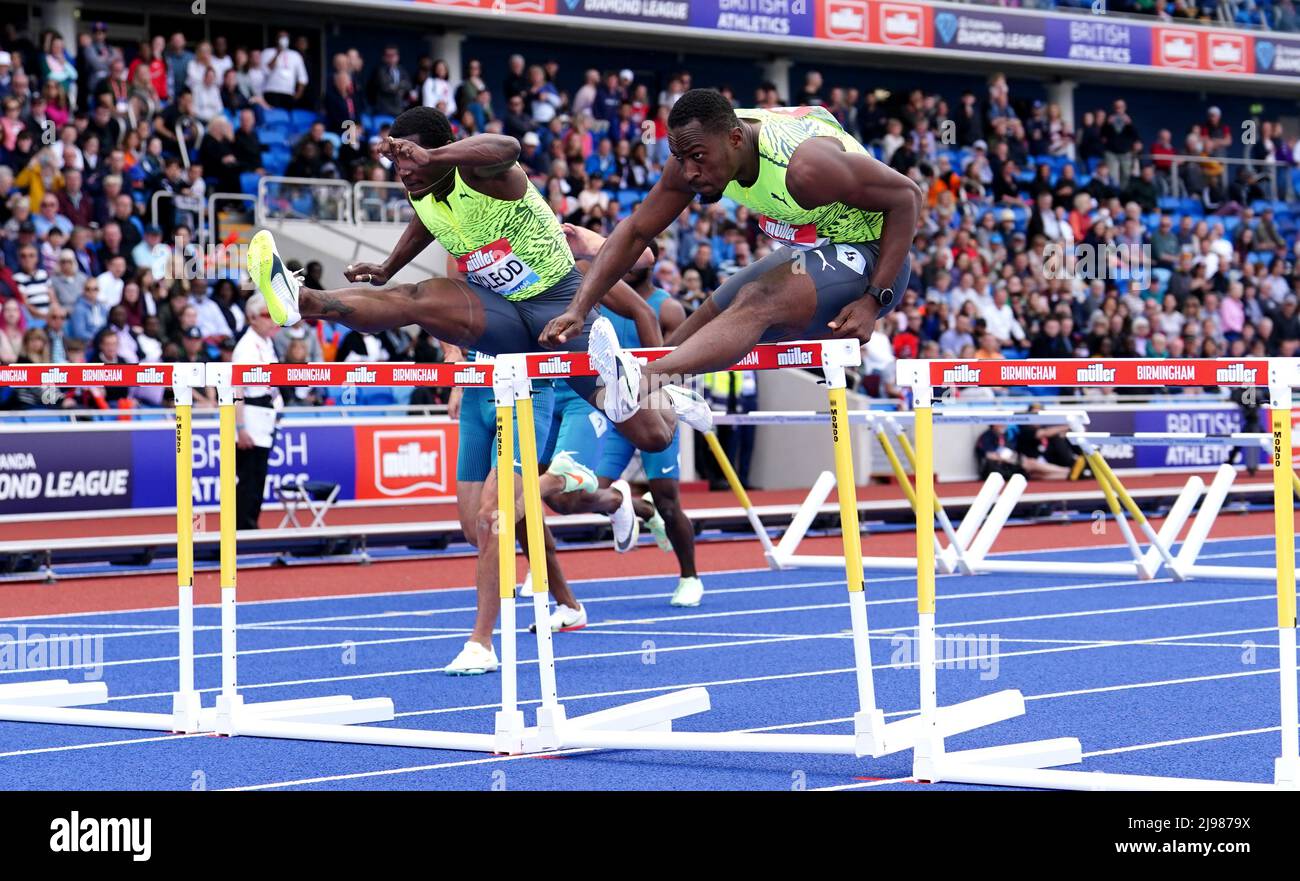 Jamaica's Hansle Parchment wins the Men's 110 metres hurdles during the Muller Birmingham