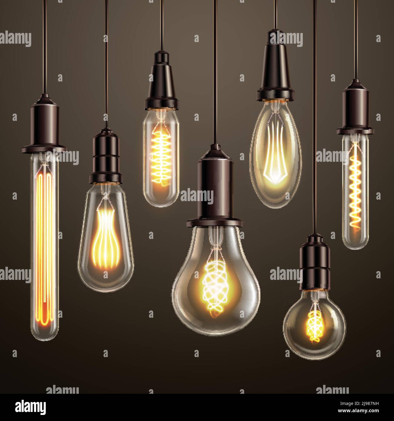 Trendy lighting design with retro style vintage looking soft glowing filament edison ligt bulbs variety vector illustration Stock Vector