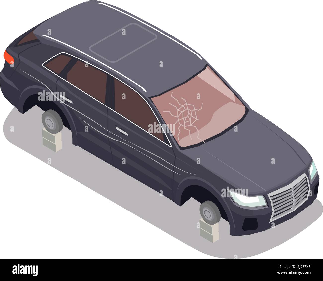 Transport composition with black car without tyres and with broken wind screen on white background 3d isometric vector illustration Stock Vector