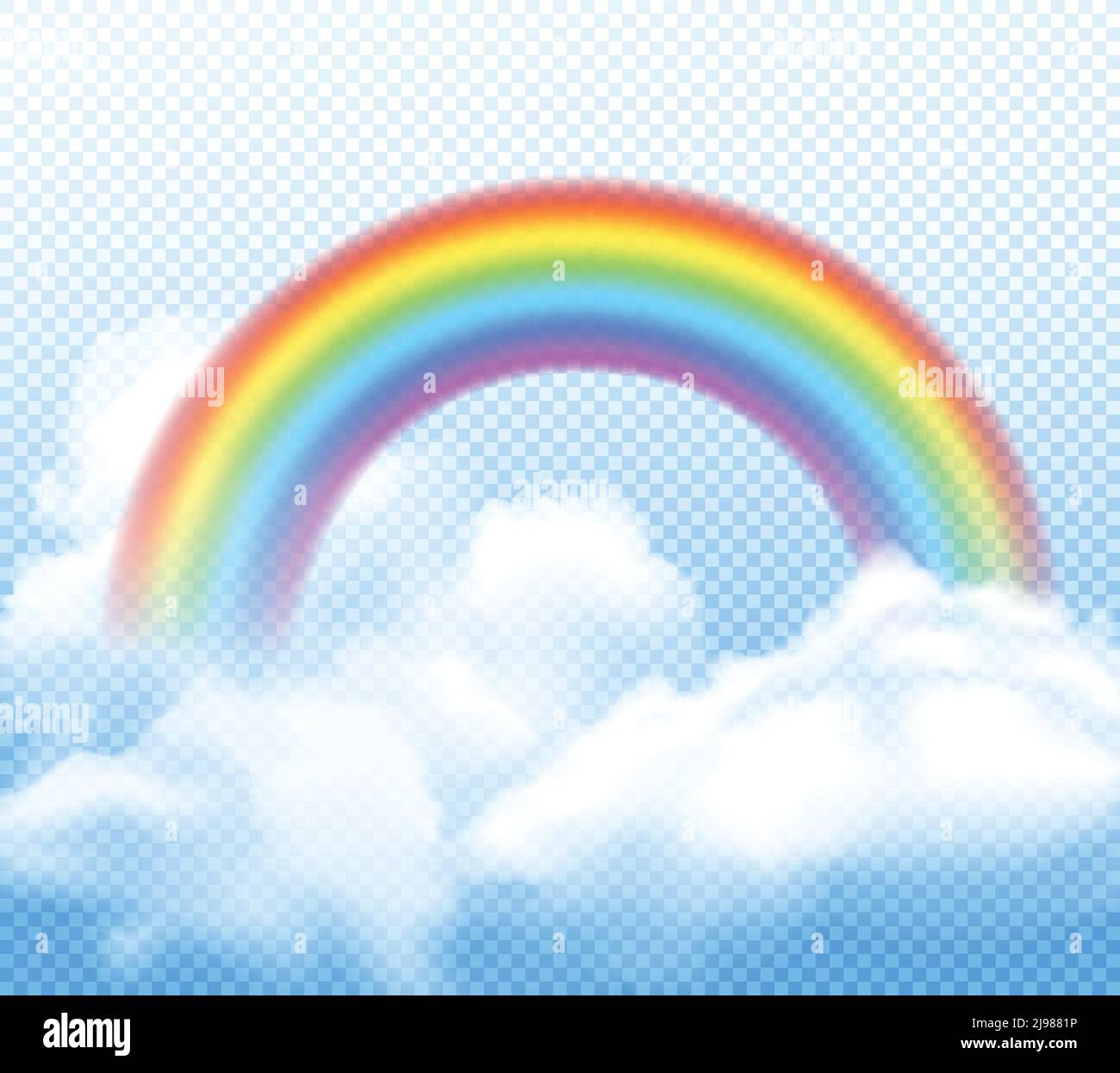 Realistic bright rainbow with white fluffy clouds composition on transparent background vector illustration Stock Vector