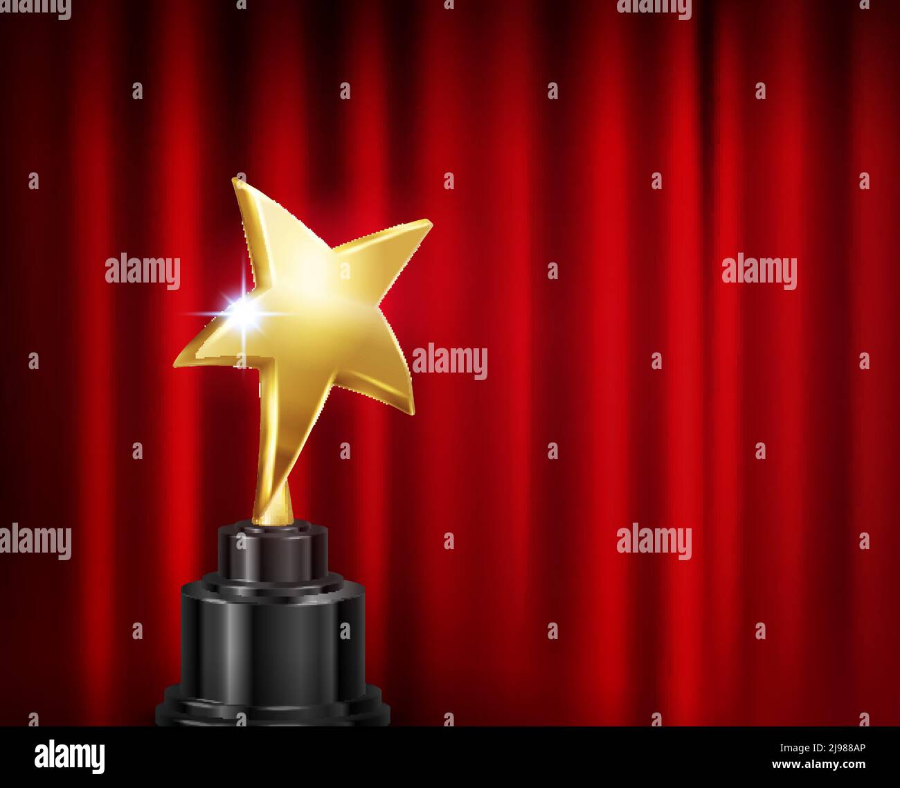 Trophy award red curtain background realistic composition with image of golden star shaped cup on pedestal vector illustration Stock Vector