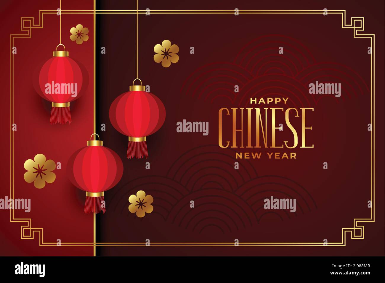 chinese new year 2022 wishes card in red with hanging lanterns Stock