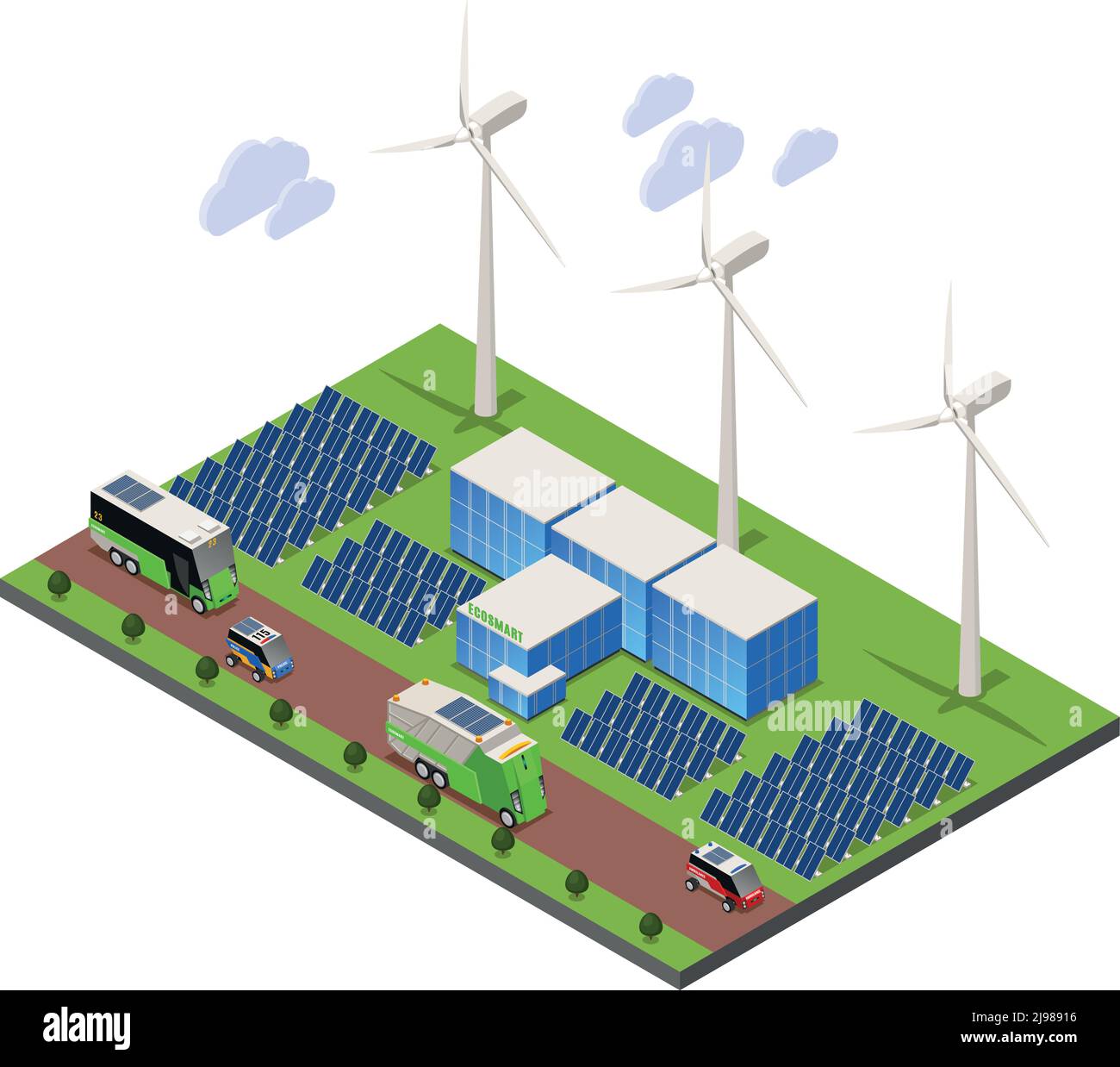 Smart urban ecology isometric composition with outdoor scenery and solar battery field with windmills turbine towers vector illustration Stock Vector