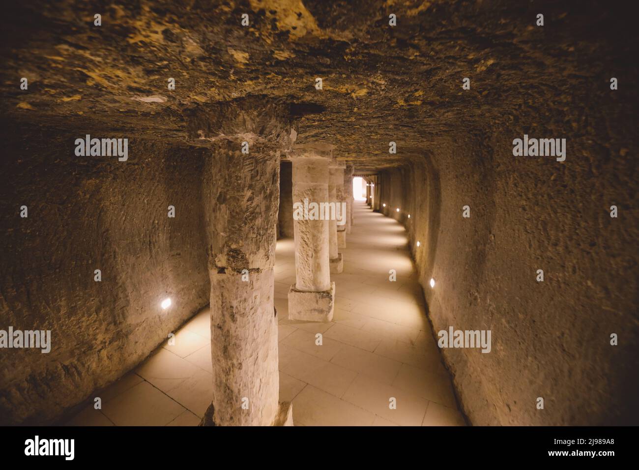 Inside View of the Brick Walls and Stone Columns of the Ancient Step Pyramid of Djoser in the Saqqara necropolis, Egypt Stock Photo