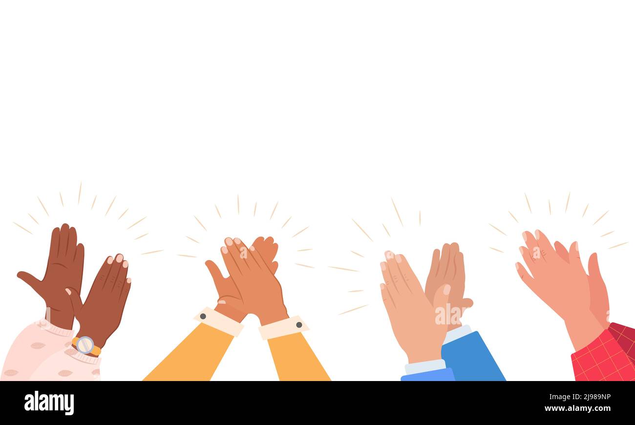 Diverse people applauding vector illustration. Colorful men and women clapping hands isolated on white background. Multinational audience demonstrate greeting, ovation or cheering gesture, support. Stock Vector
