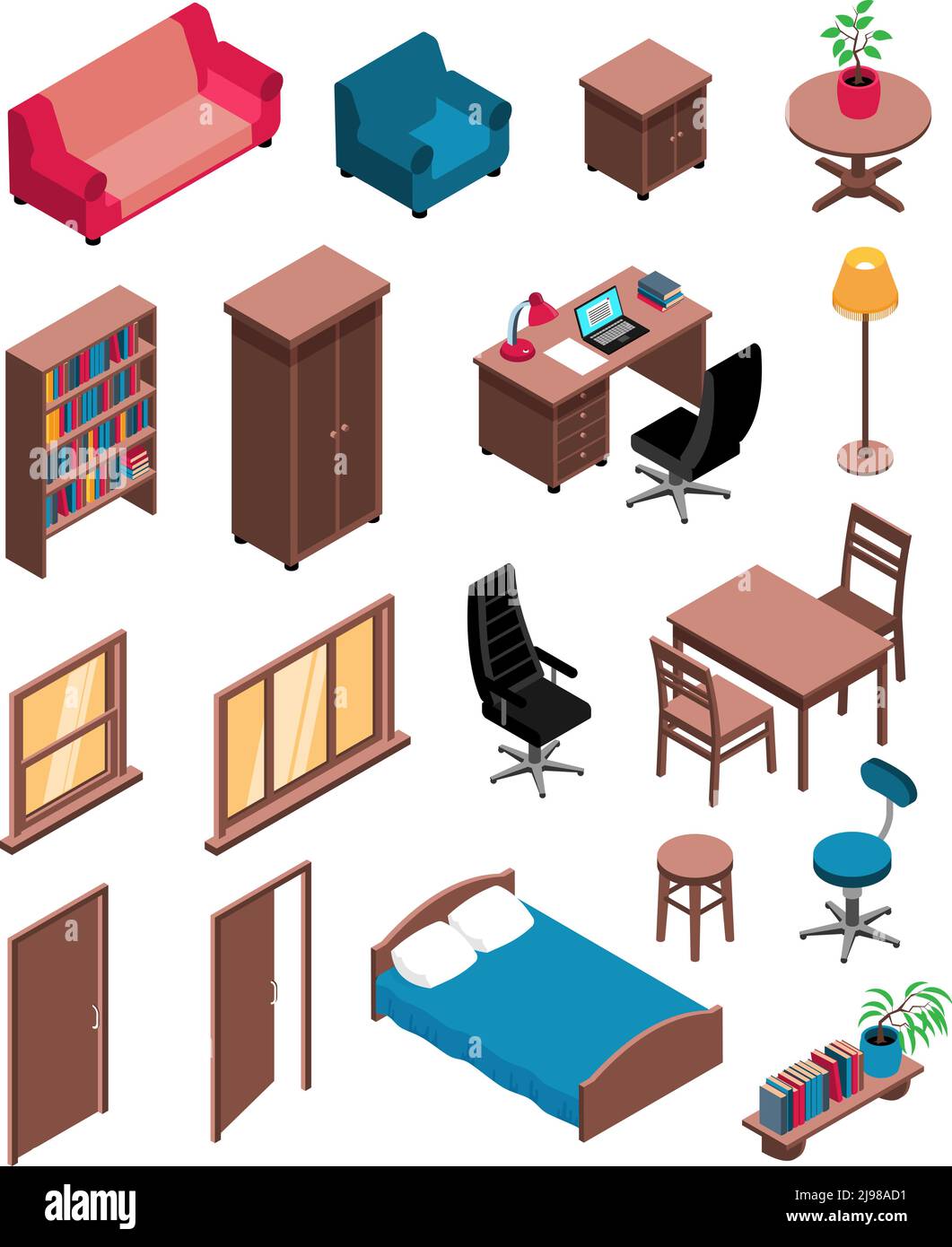 Private interior items isometric icons set with sofa table dresser ...