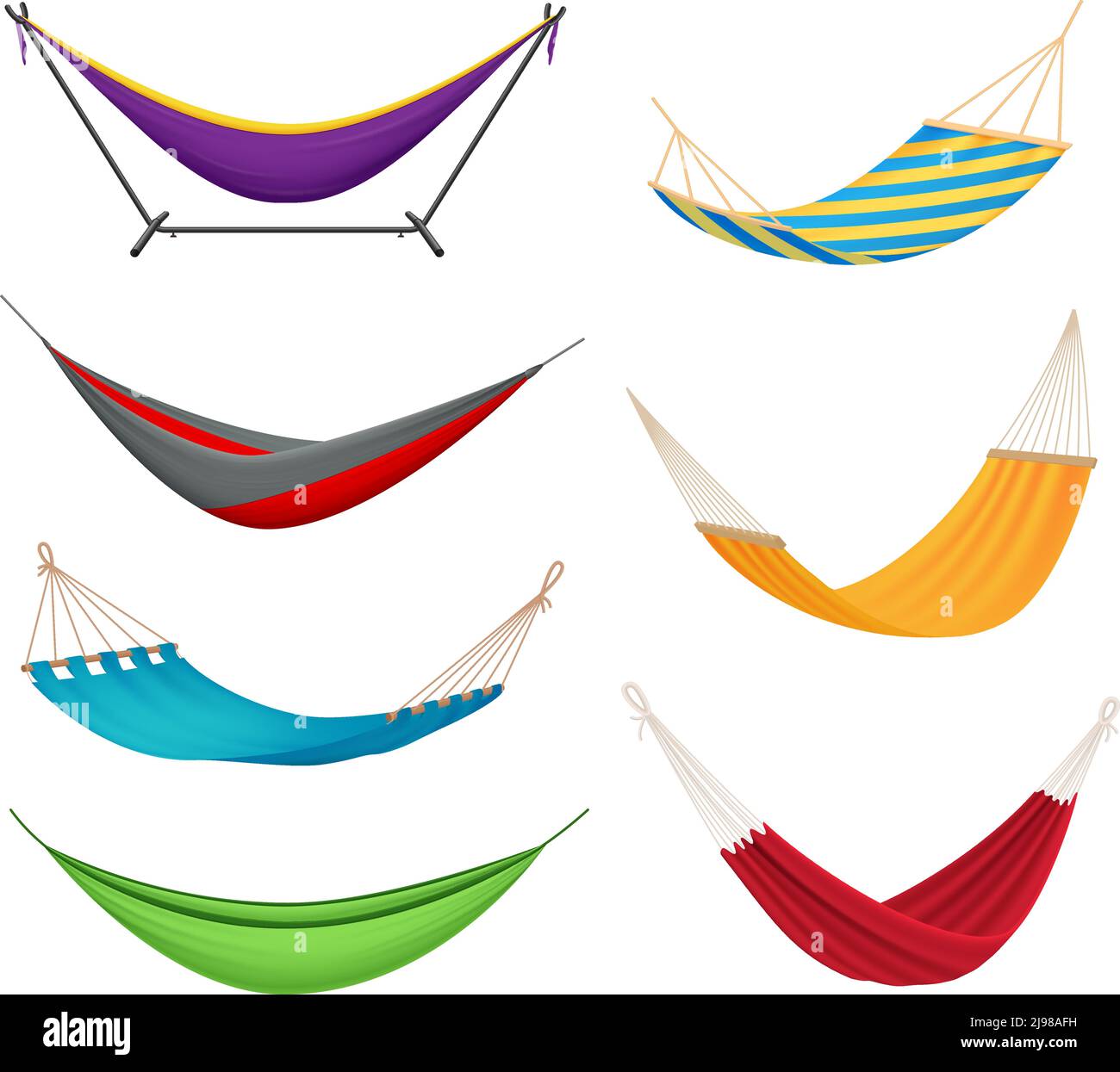 Different types colorful hanging fabric rope hammocks set with poolside