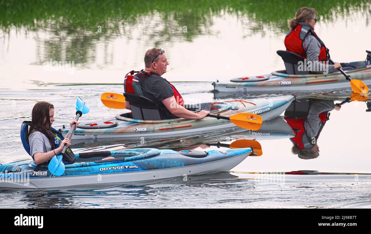 Family of three kayaking down a river in the Lower Mainland, B. C., Canada. Stock Photo