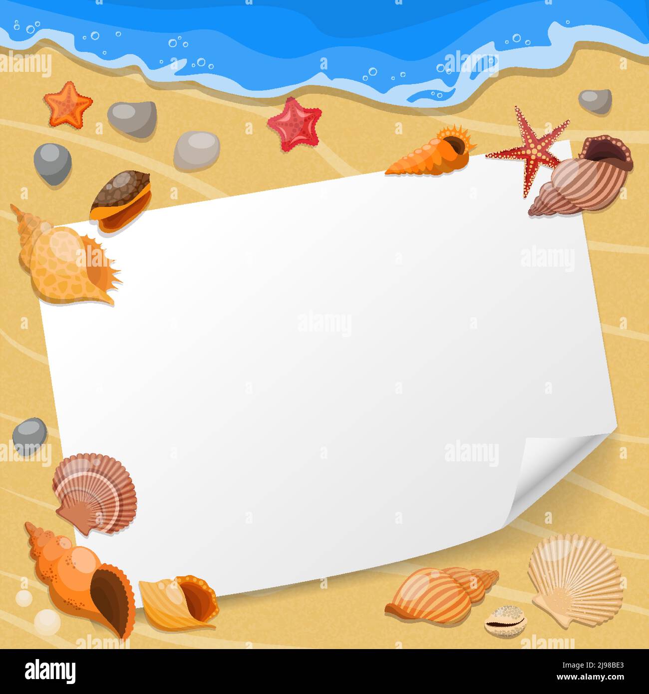 Shells and sea stars composition a sheet of paper on the beach with ...
