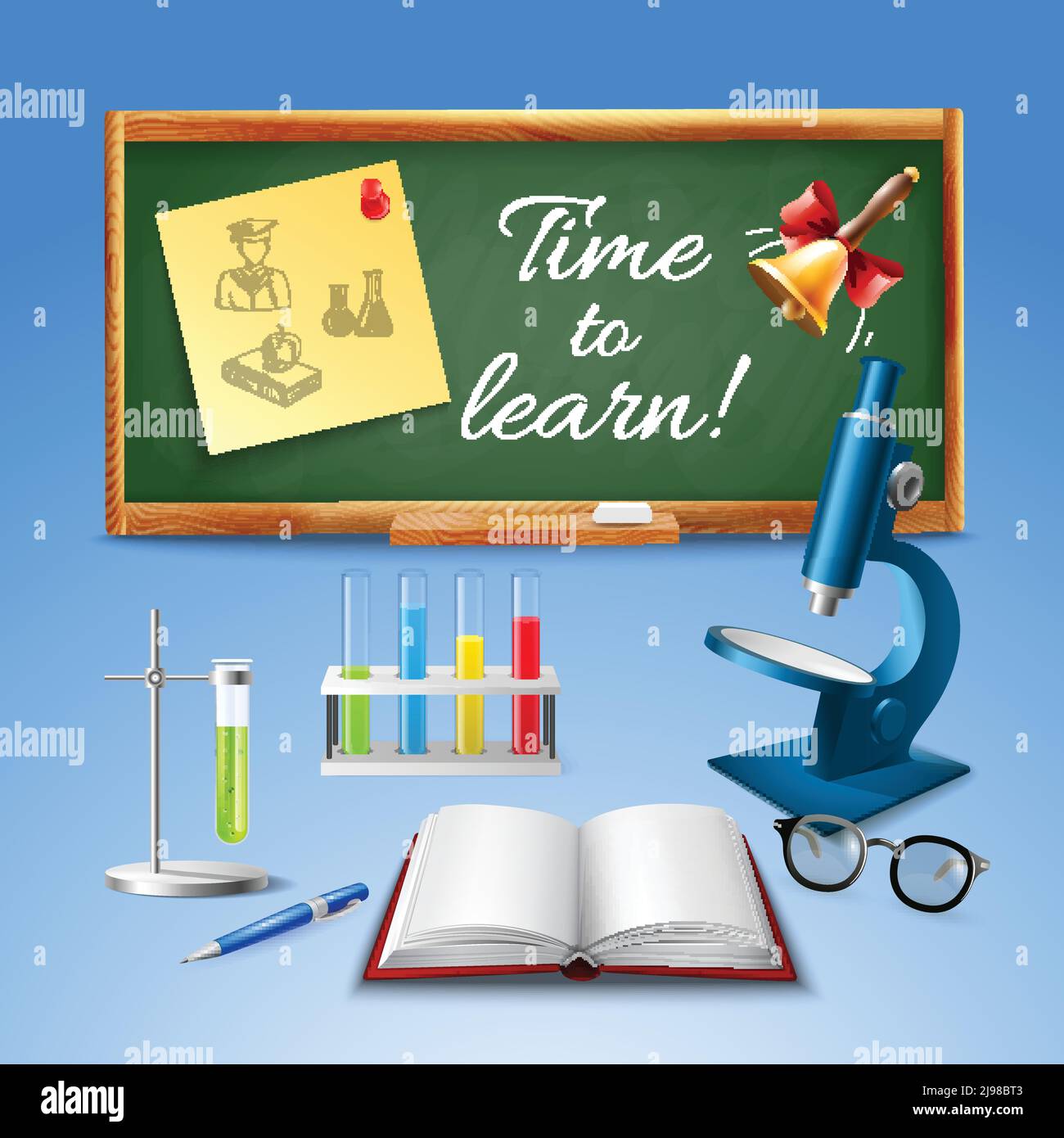 Time to learn realistic vector illustration with microscope blackboard opened textbook accessories for chemical experiments Stock Vector