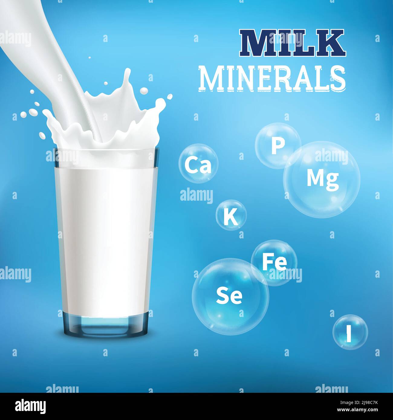 Milk drinking benefits realistic advertisement poster with pouring it into  glass and minerals symbols bubbles vector illustration Stock Vector