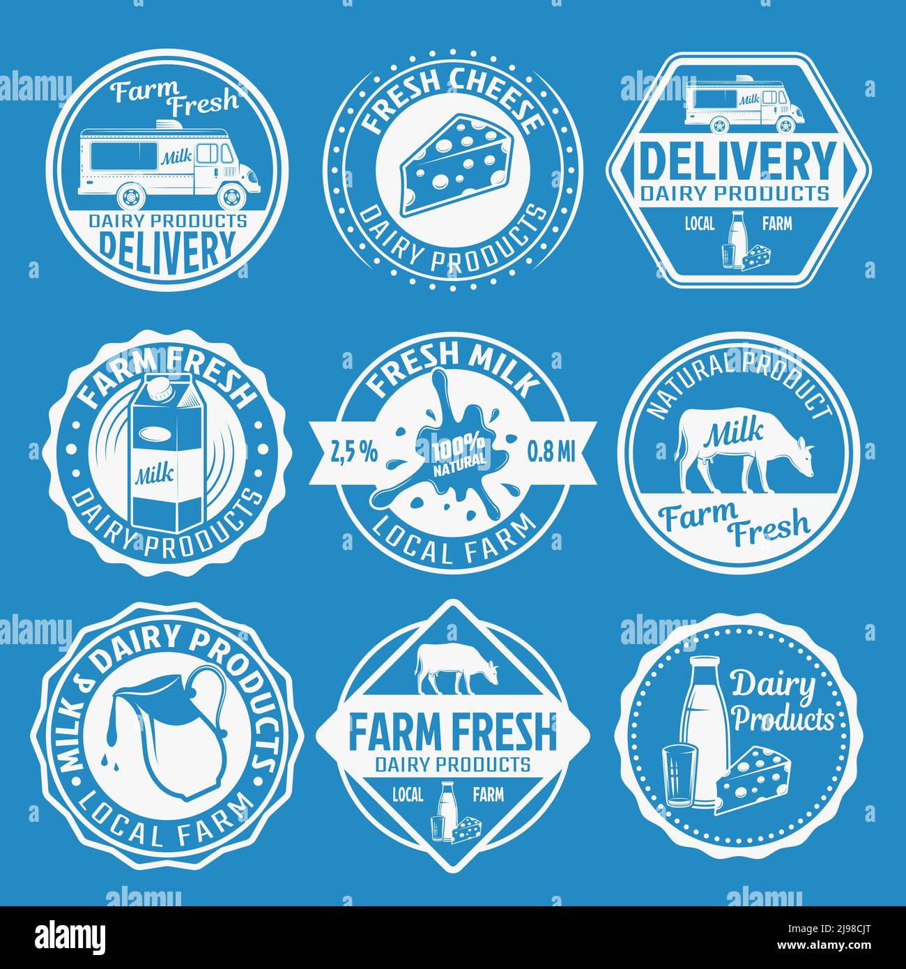 Milk monochrome emblems set with cow packaging delivery of dairy products on blue background isolated vector illustration Stock Vector