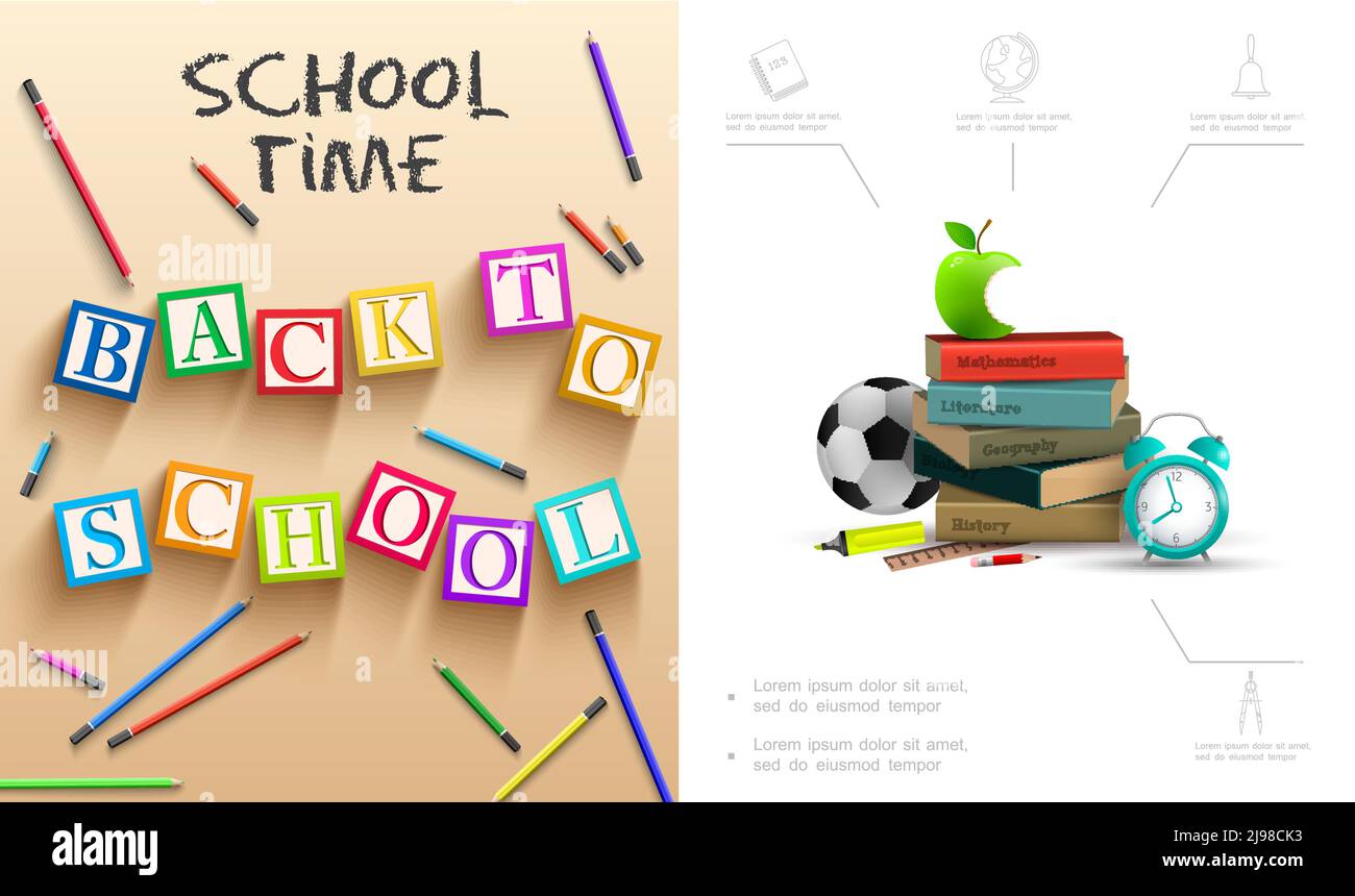 Realistic back to school composition with bitten apple books alarm ...
