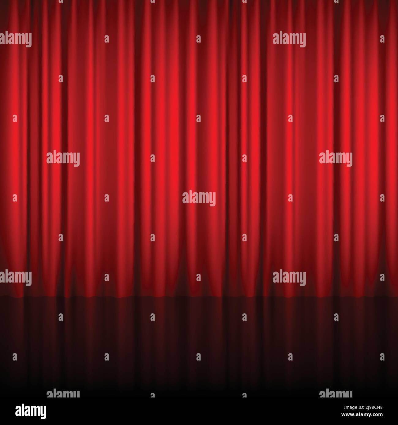 Realistic red theatrical closed curtain of shiny material with reflection on stage floor vector illustration Stock Vector