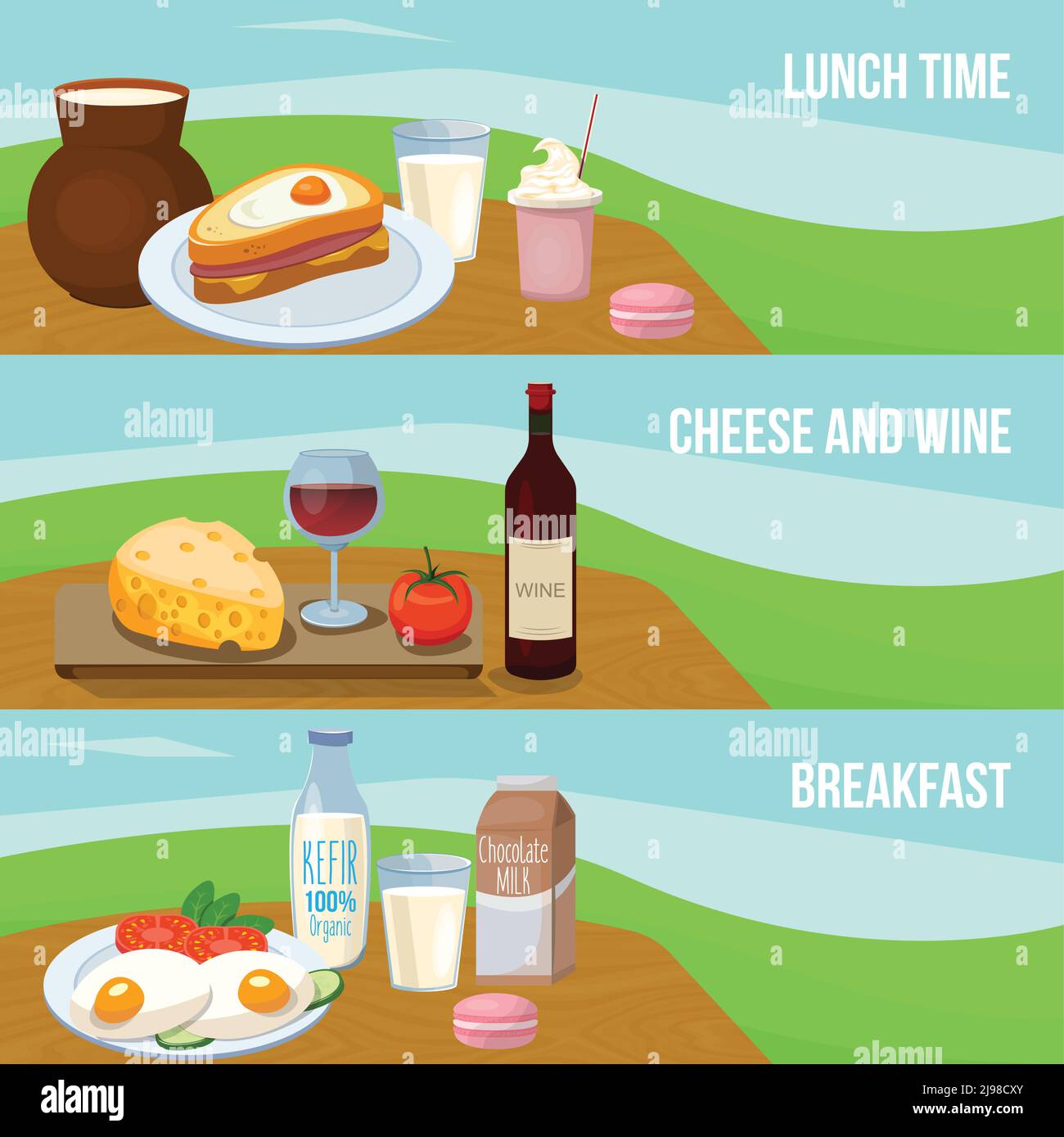 Milk food banner set with descriptions of lunch time cheese and wine ...