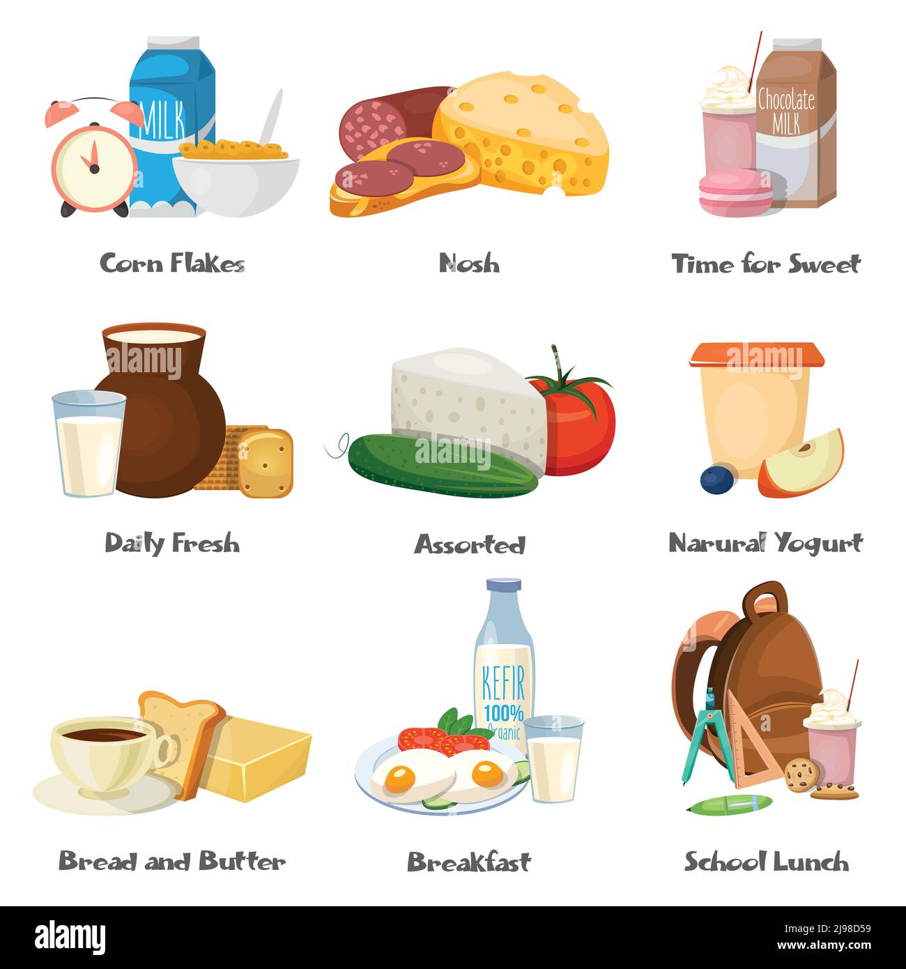 Milk food decorative icons set with corn flakes dairy fresh products