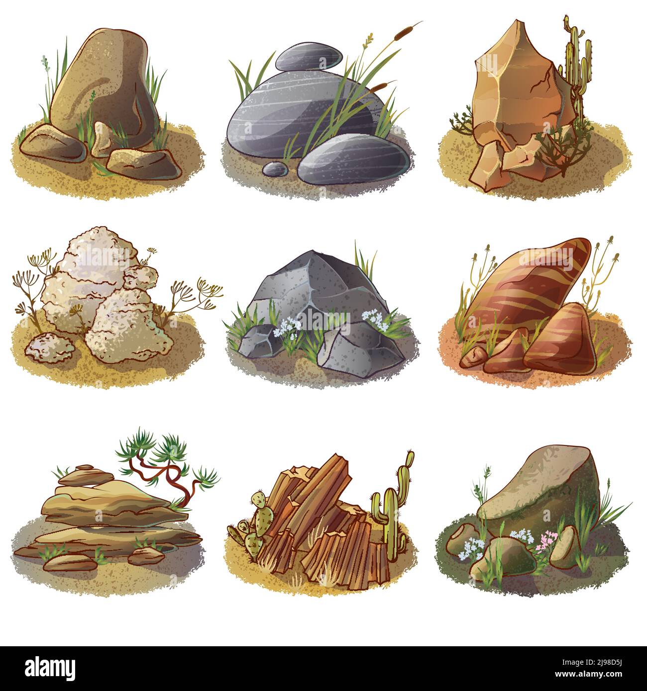 Mineral stones on ground collection of different rocks in natural environment isolated vector illustration Stock Vector