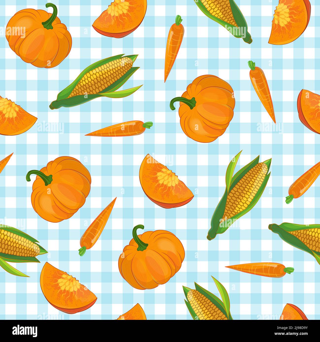 Drawn pumpkin carrot and corn symbols vegetable pattern on light blue checkered tablecloth background flat vector illustration Stock Vector