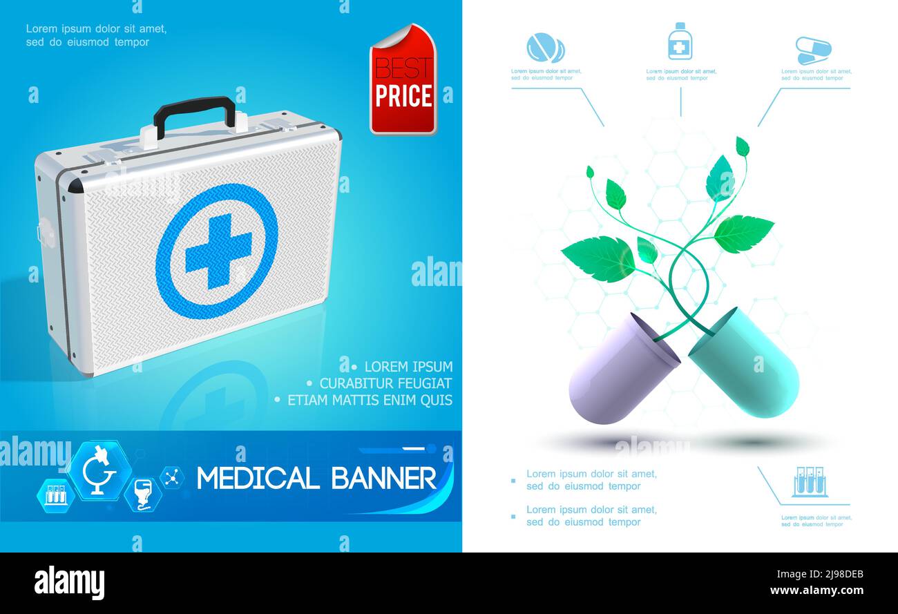 Realistic healthcare colorful concept with medical kit and broken capsule with plant vector illustration Stock Vector