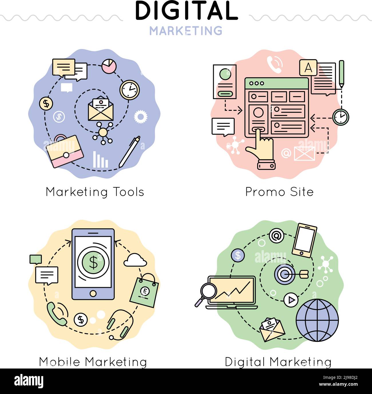 Digital marketing colored icon set with marketing tools promo site ...