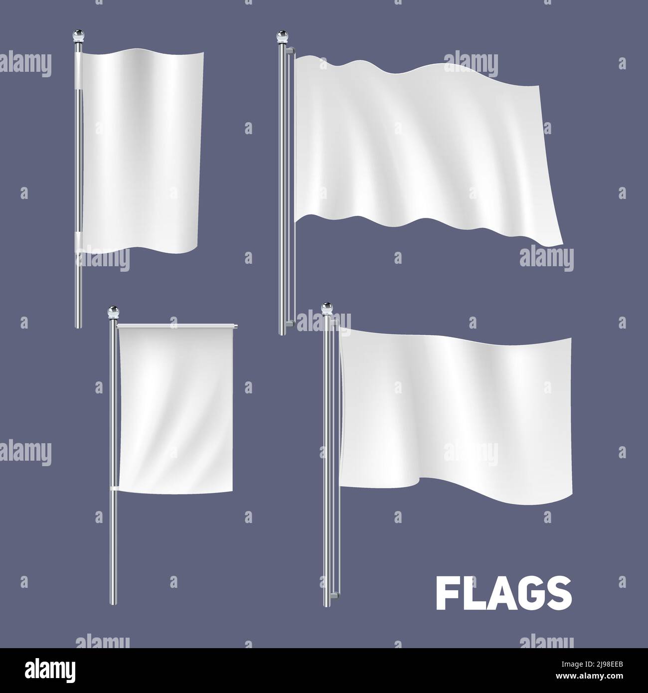 Realistic blank white waving flags and banners set isolated vector illustration Stock Vector