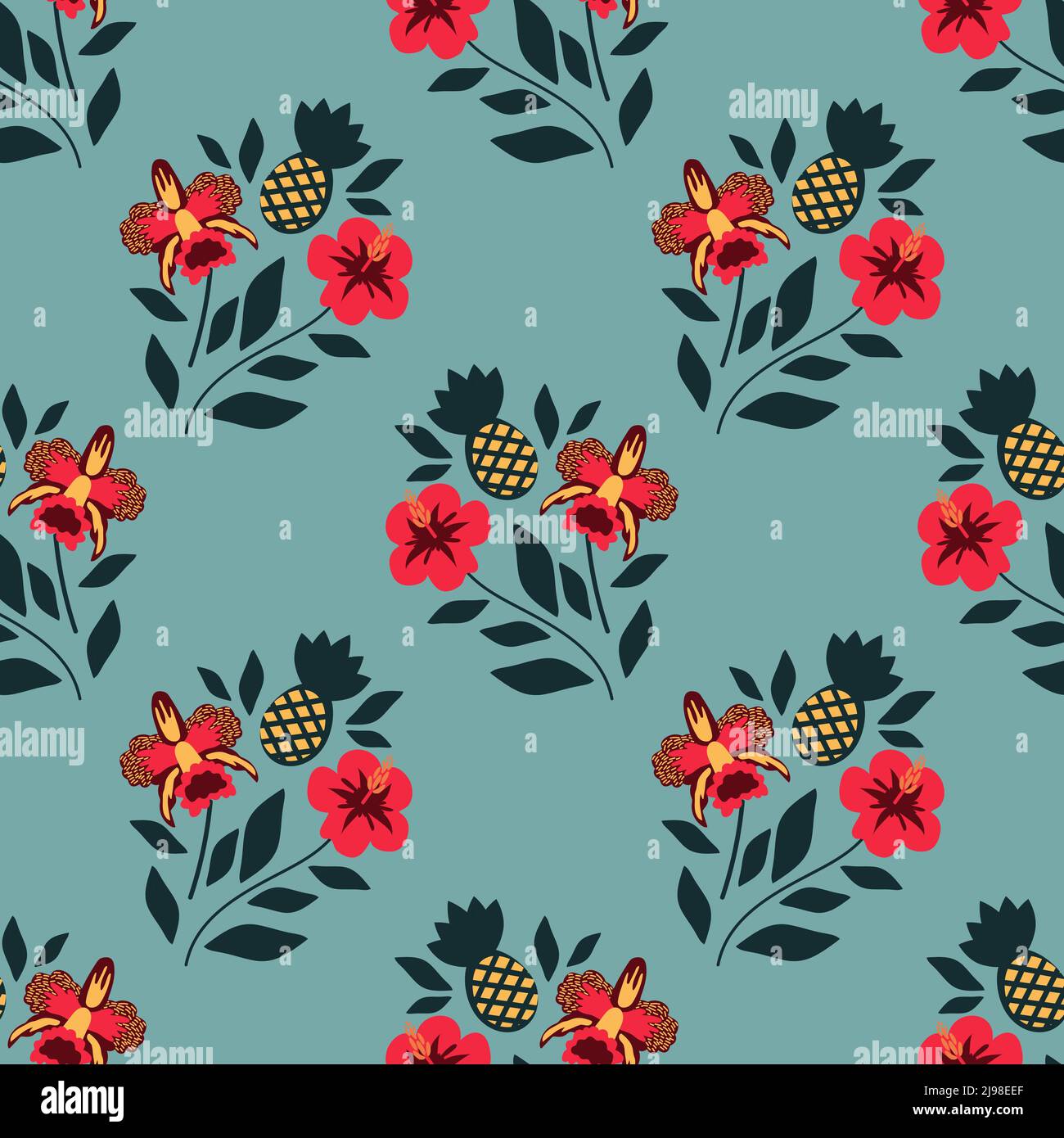 Seamless tropical flowers and ananas pattern Stock Vector