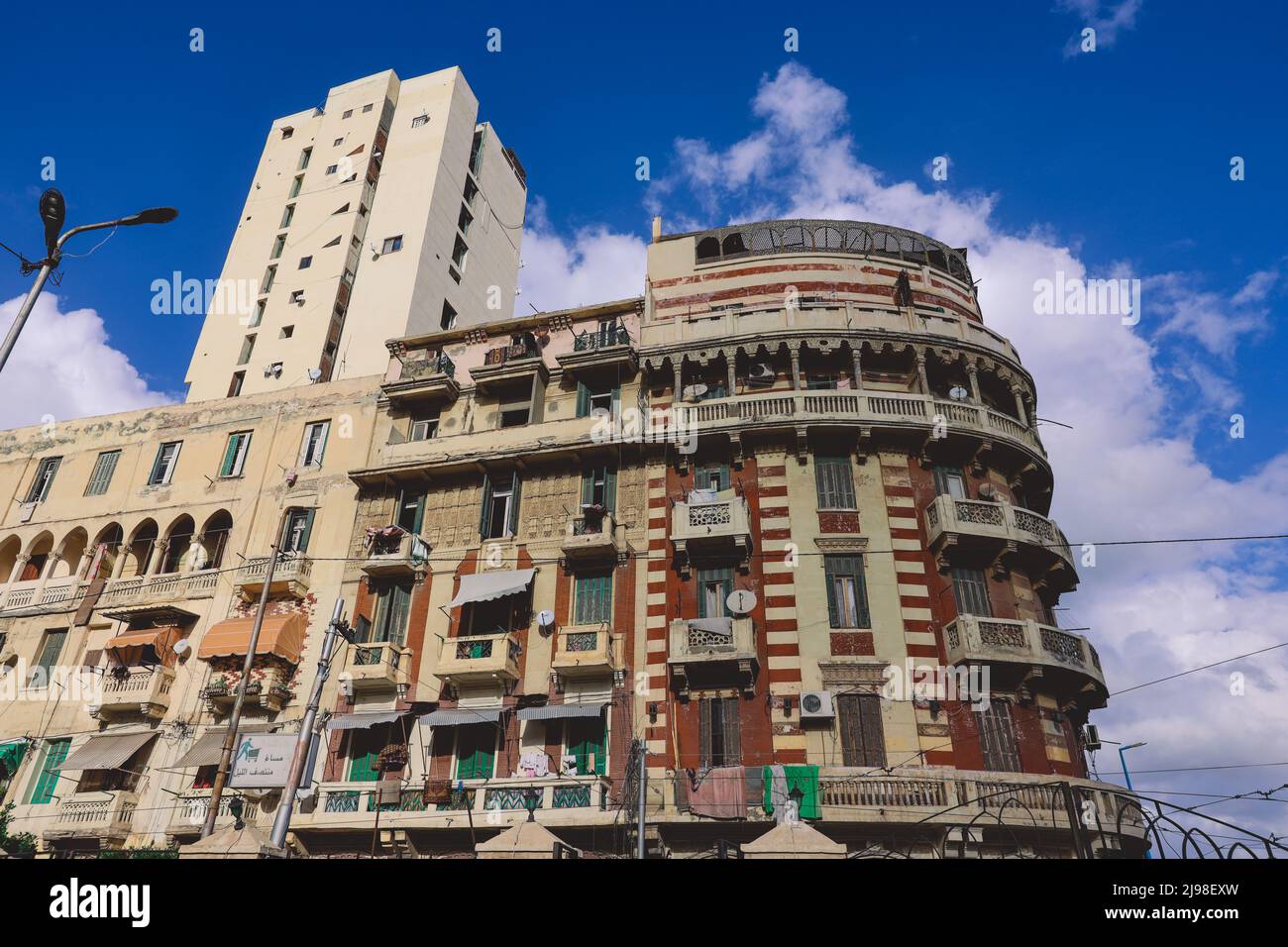 Interesting Design of Egyptian Concrete Balconies with Arabic Style in Alexandria, Egypt Stock Photo