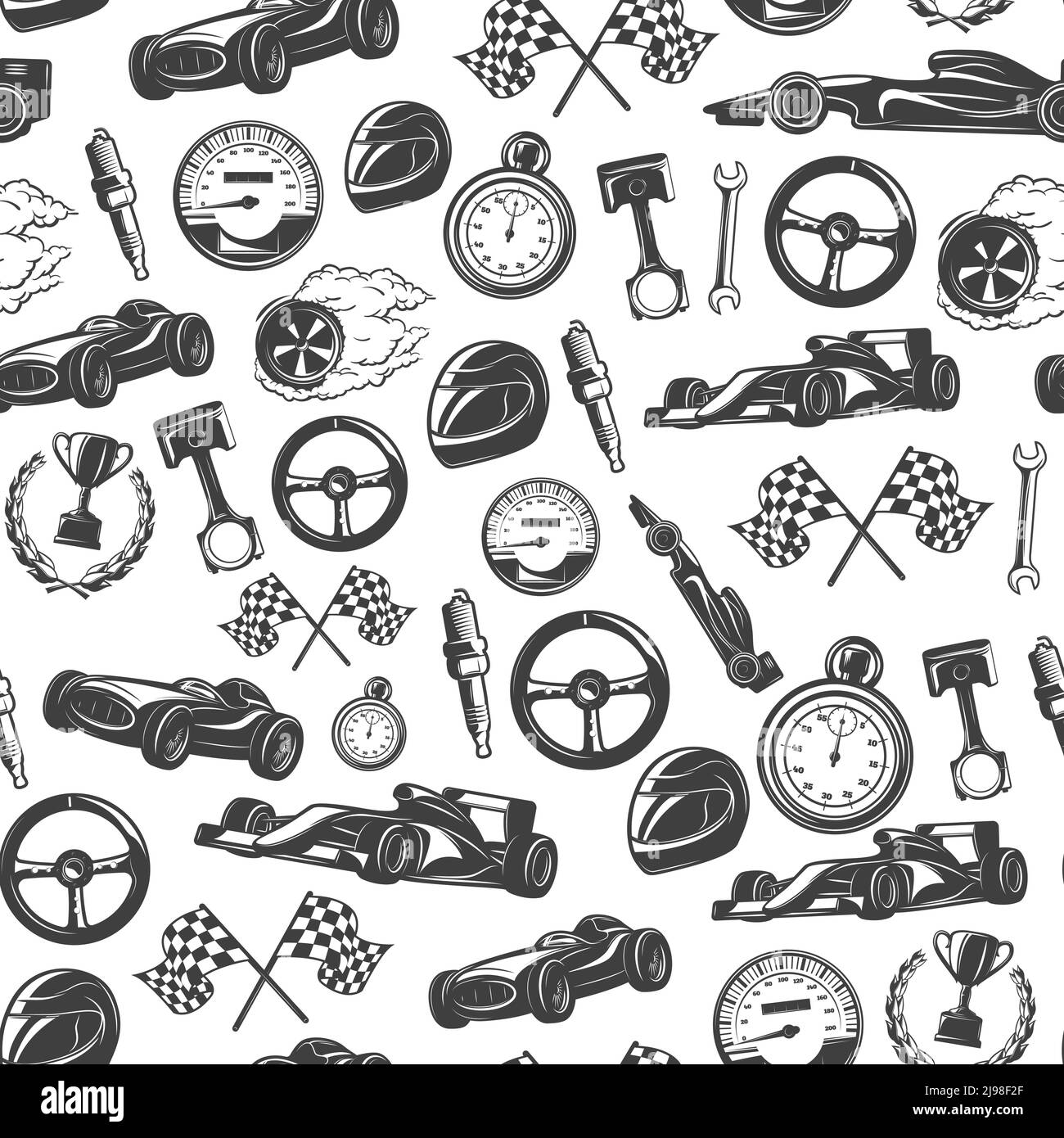 Racing emblems seamless background pattern with isolated equipment and tools for racing vector illustration Stock Vector