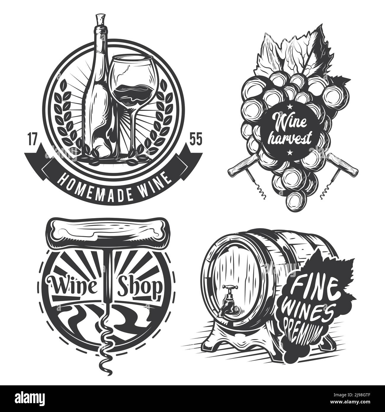 Set of winemaking elements (barrel, grapes, bottle etc.) emblems, labels, badges, logos. Isolated on white Stock Vector