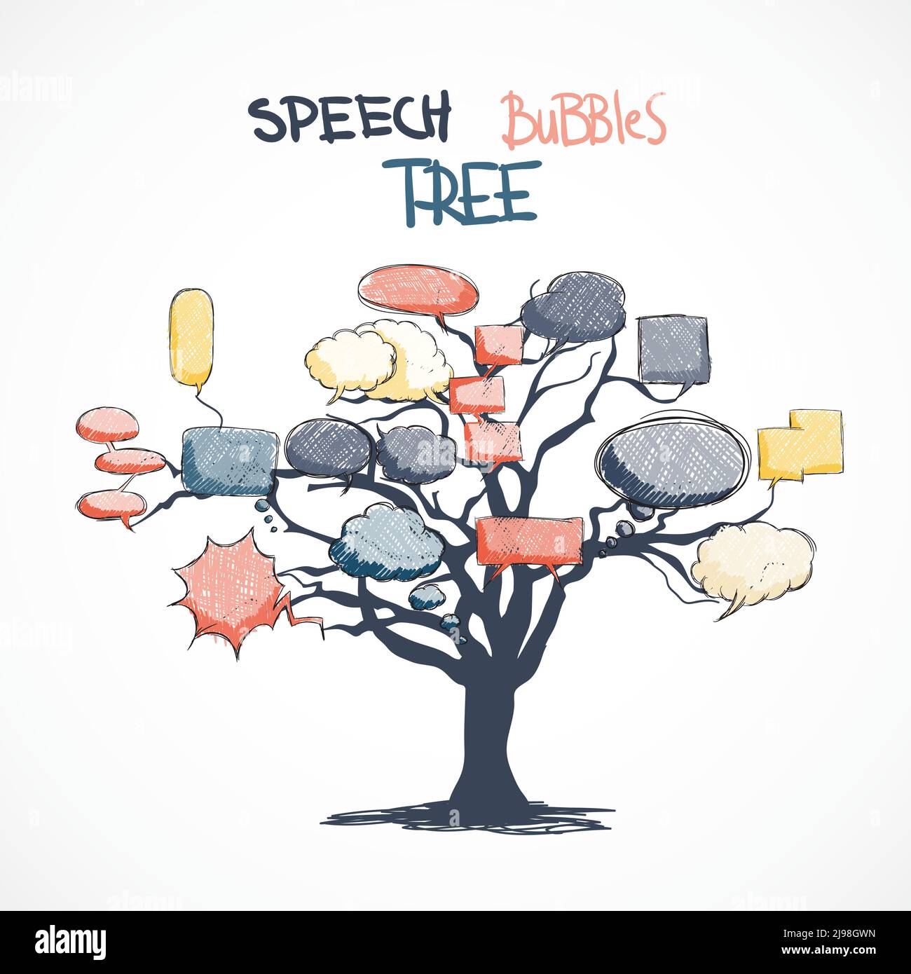Doodle comic talk bubbles growing on tree isolated vector illustration Stock Vector