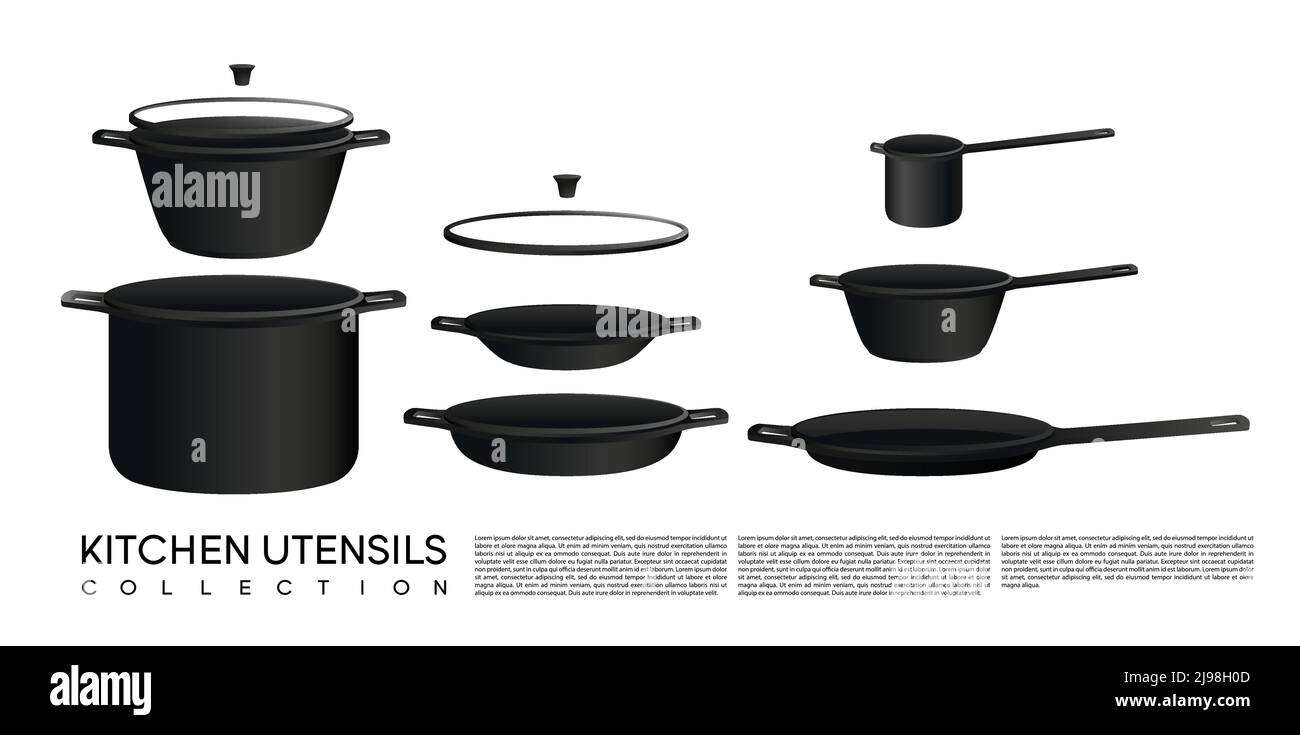 Sketch kitchen utensil collection with different kinds of pans and pots ...