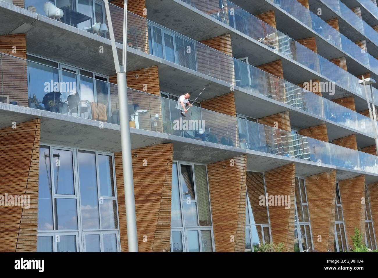 Details the balconies of modern apartments at Aarhus island (Aarhus Ø) urban living in Denmark’s second biggest city Stock Photo