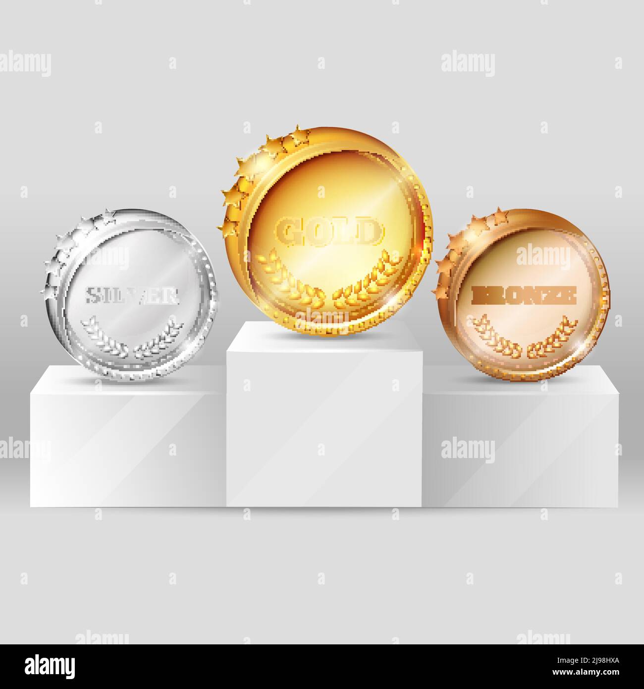 Sports medals on pedestal design with gold silver and bronze glossy