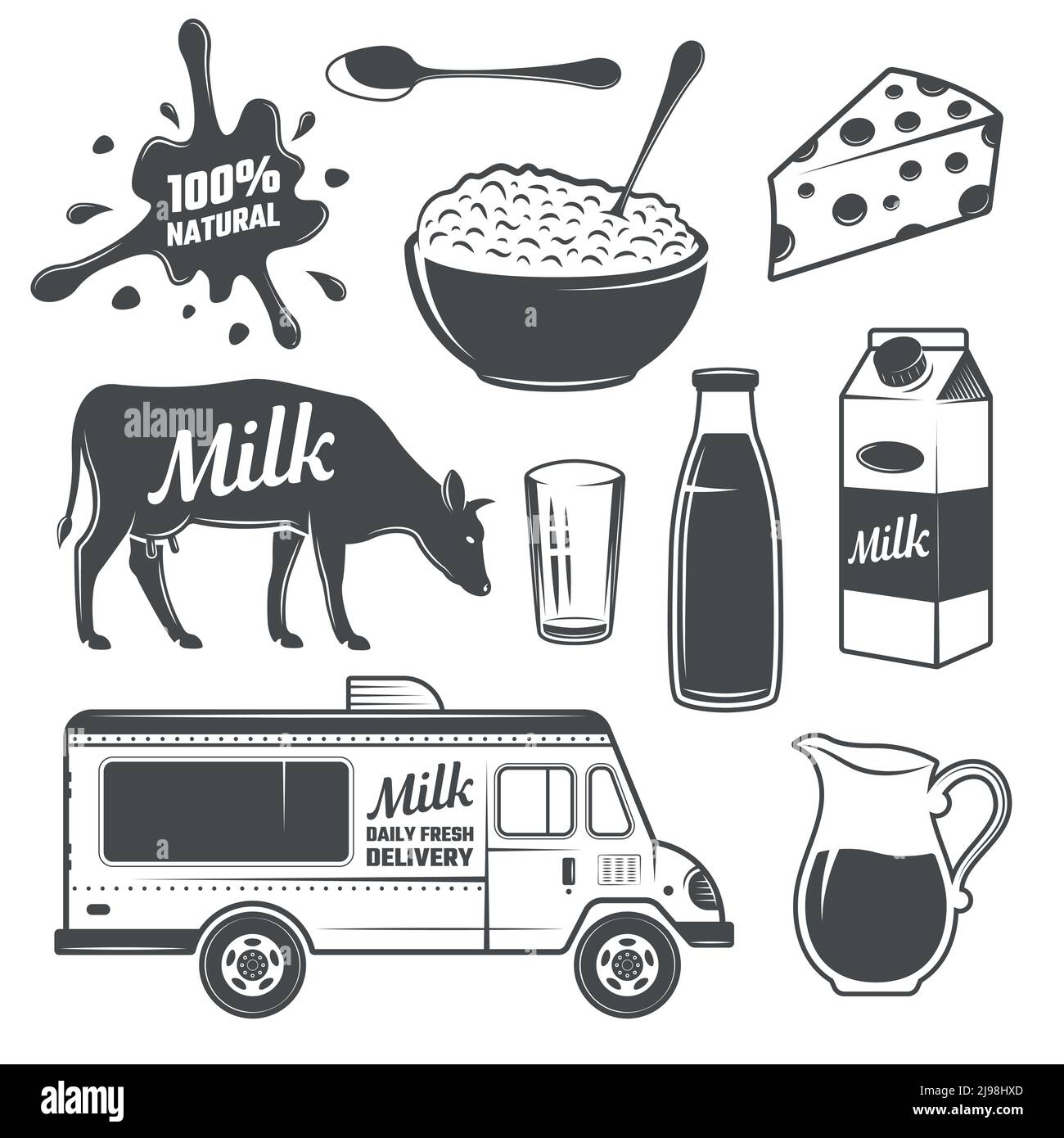 Milk monochrome elements set with cow and dairy products packaging and transportation splash isolated vector illustration Stock Vector