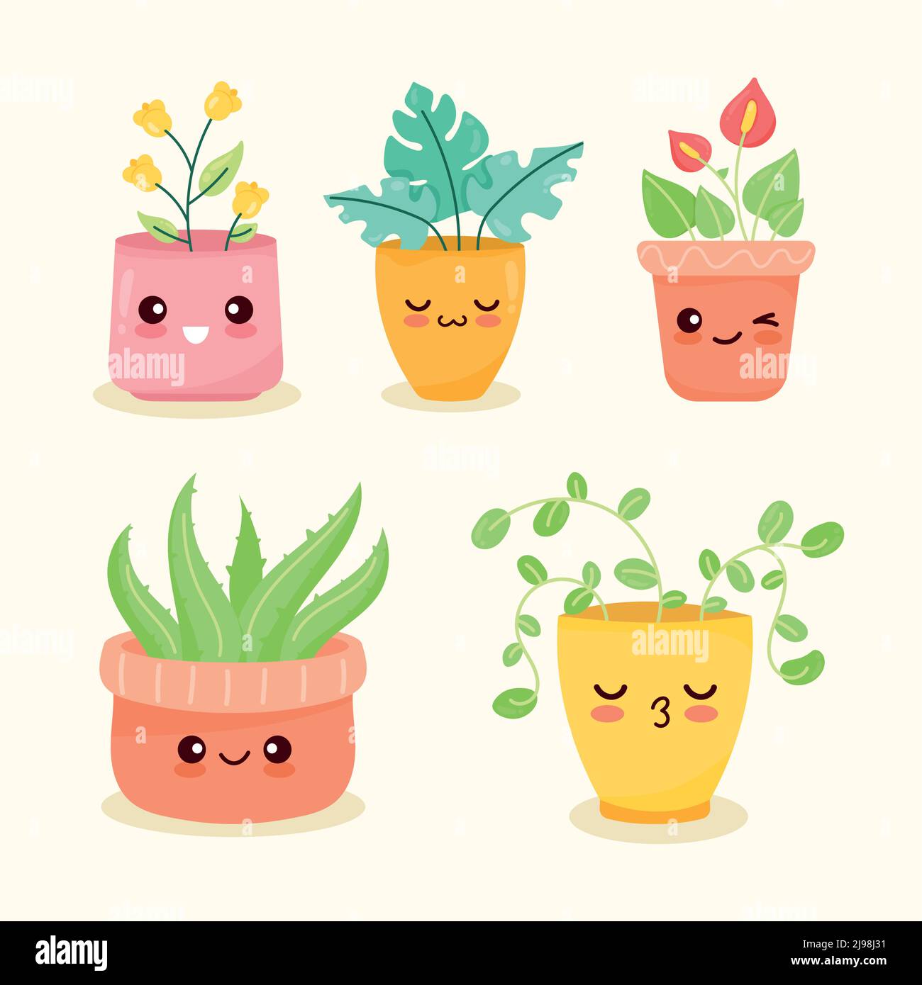 five kawaii plants set icons Stock Vector