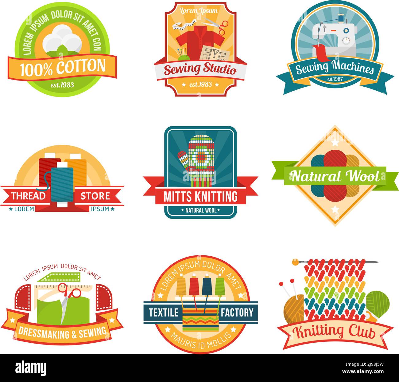 Textile colored emblem set with natural materials store labels isolated vector illustration Stock Vector