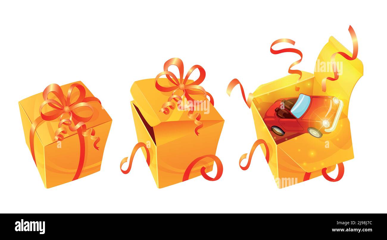 Realistic luxury gift boxes set with festive ribbon bows and toy car in
