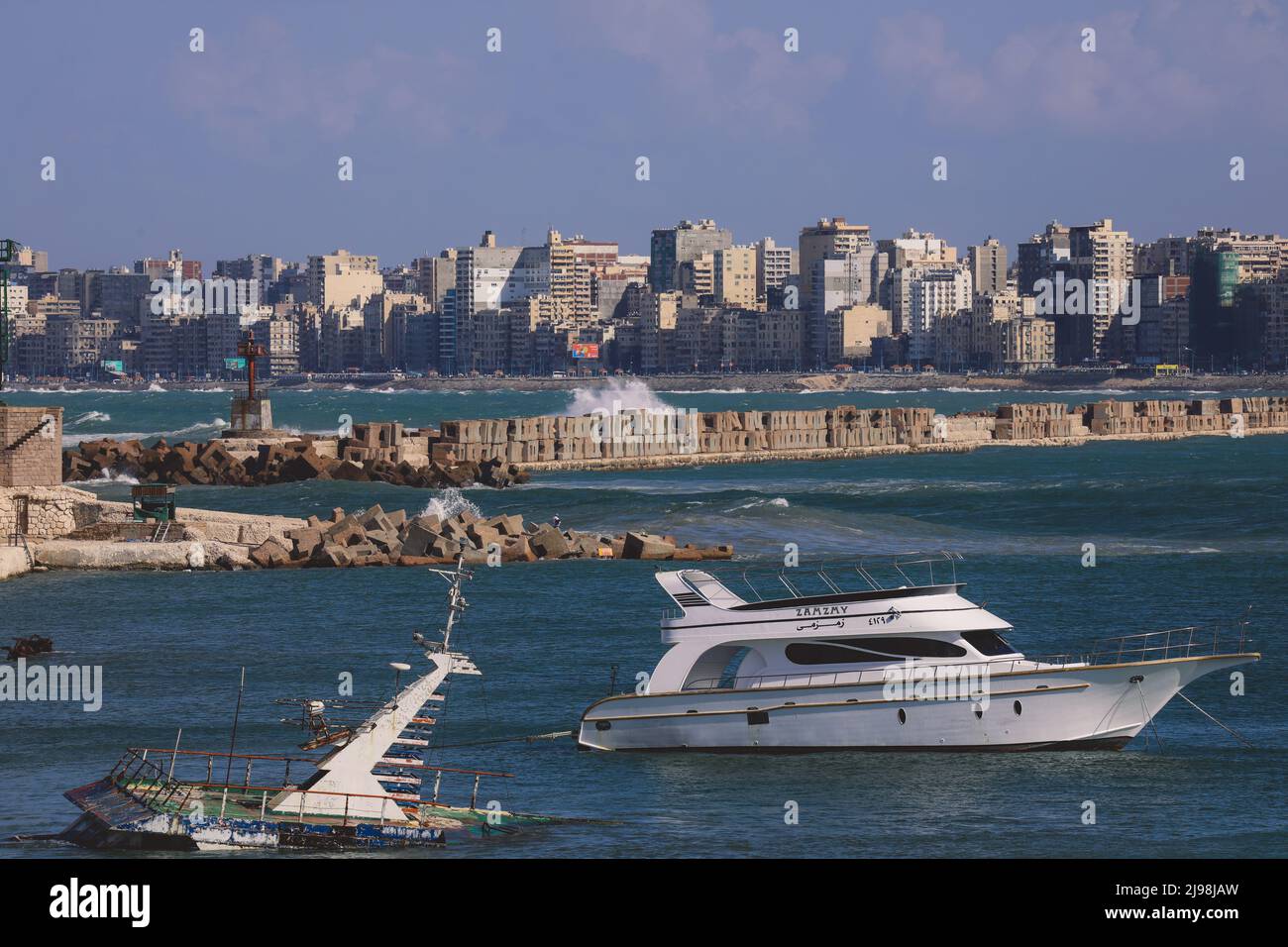 Panoramic View to the City of Alexandria with Citadel, Mediterranean Sea Embankment, Road, Streets and Local Buildings, Egypt Stock Photo