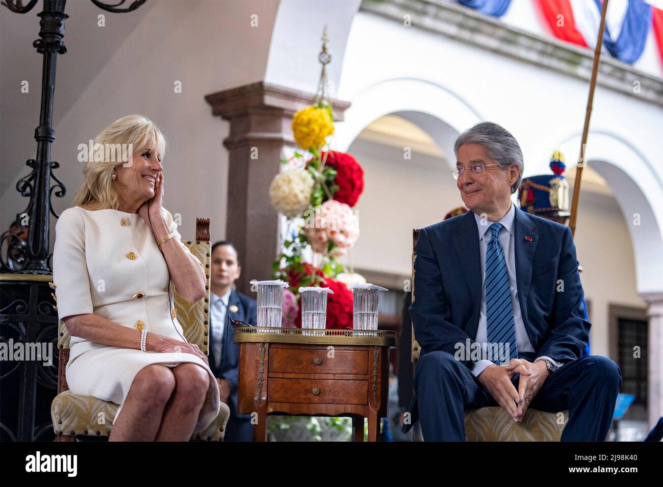 Quito, Ecuador. 19th May, 2022. U.S. First Lady Jill Biden, reacts as Ecuador President Guillermo Lasso, right, looks on at the Carondelet Palace, May 19, 2022 in Quito, Ecuador. Biden is the first stop of a six-day tour in Latin America. Credit: Cameron Smith/White House Photo/Alamy Live News Stock Photo