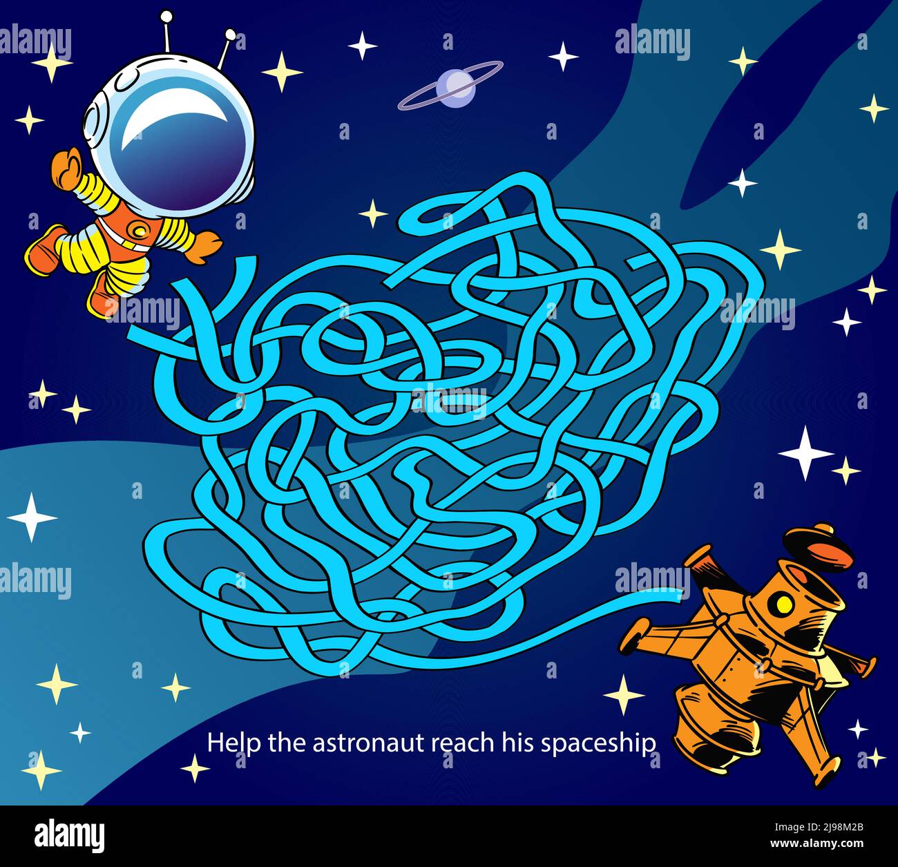 Puzzle maze where you need to help the astronaut get to his spaceship Stock Vector