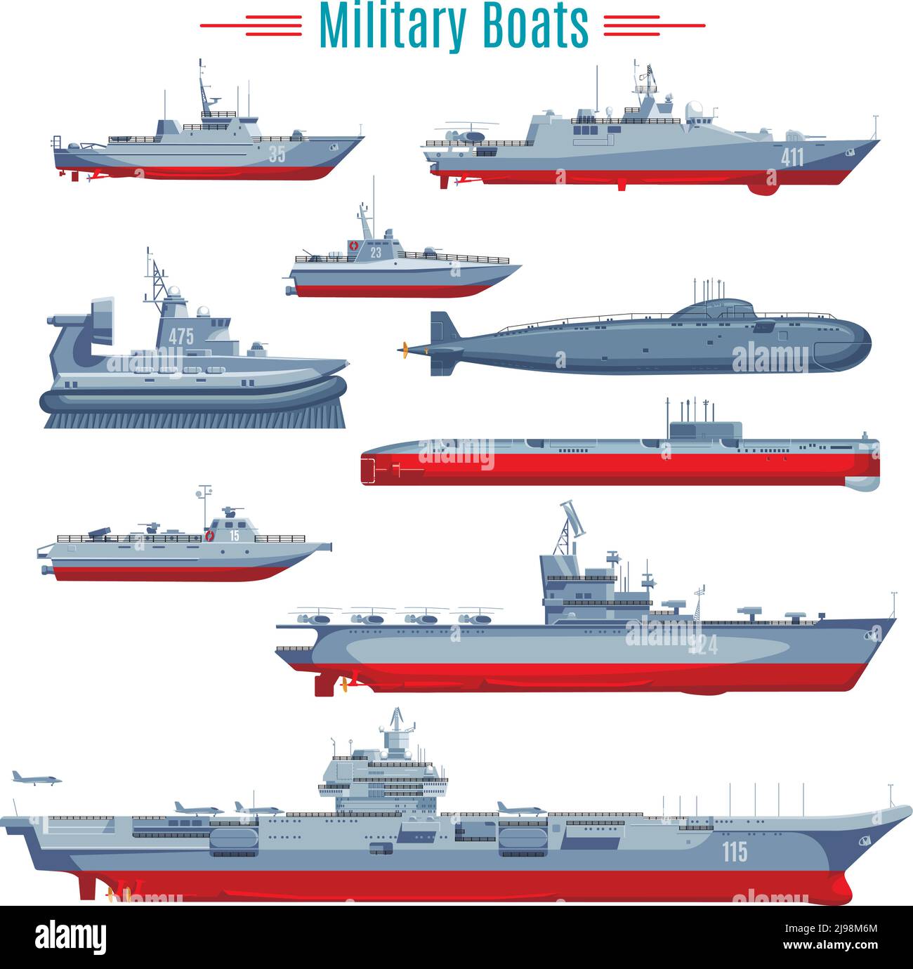 Military boats collection with different types of naval combat ships frigates and submarine isolated vector illustration Stock Vector