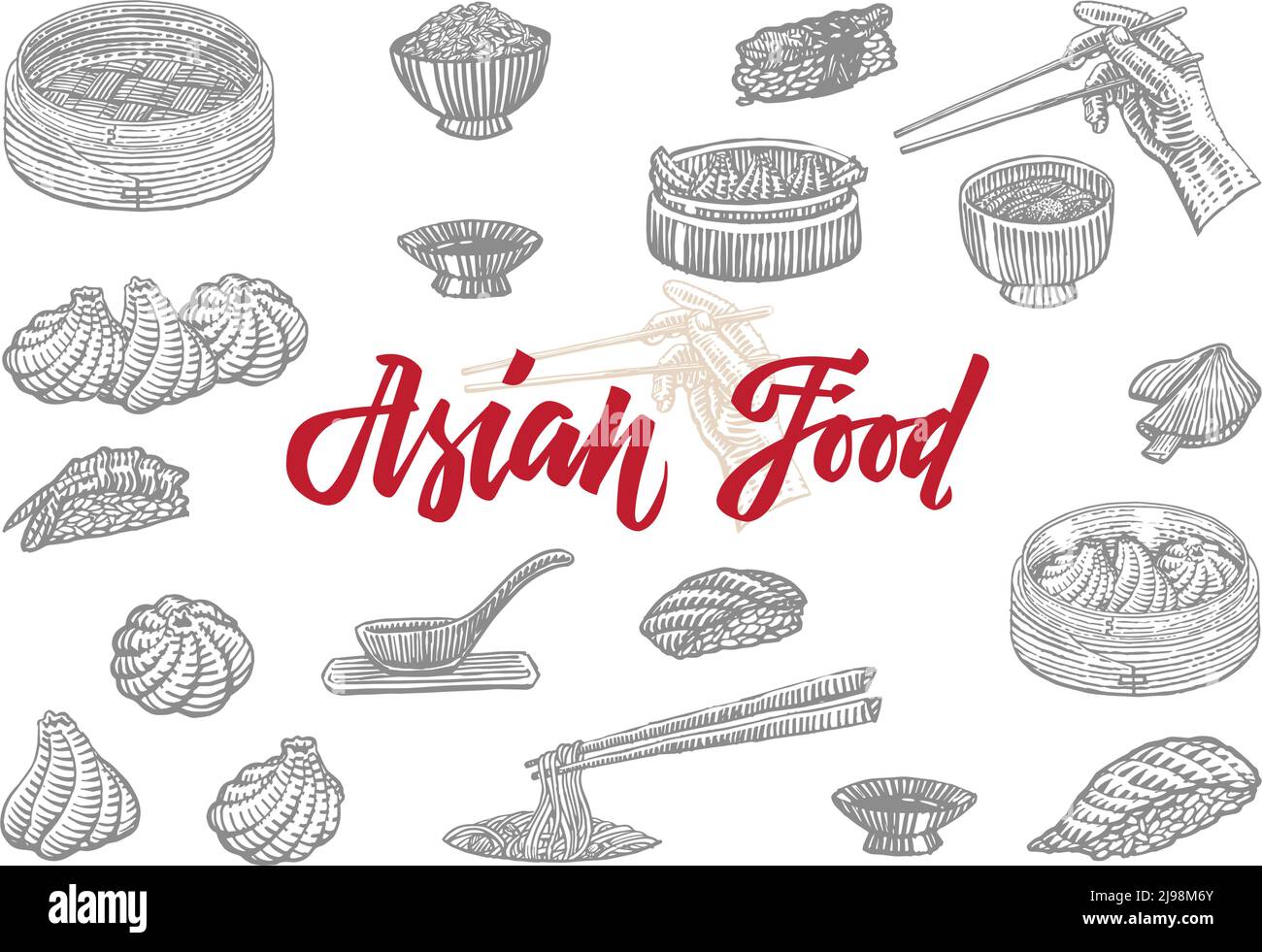 Sketch asian food collection with elements of chinese japanese and 