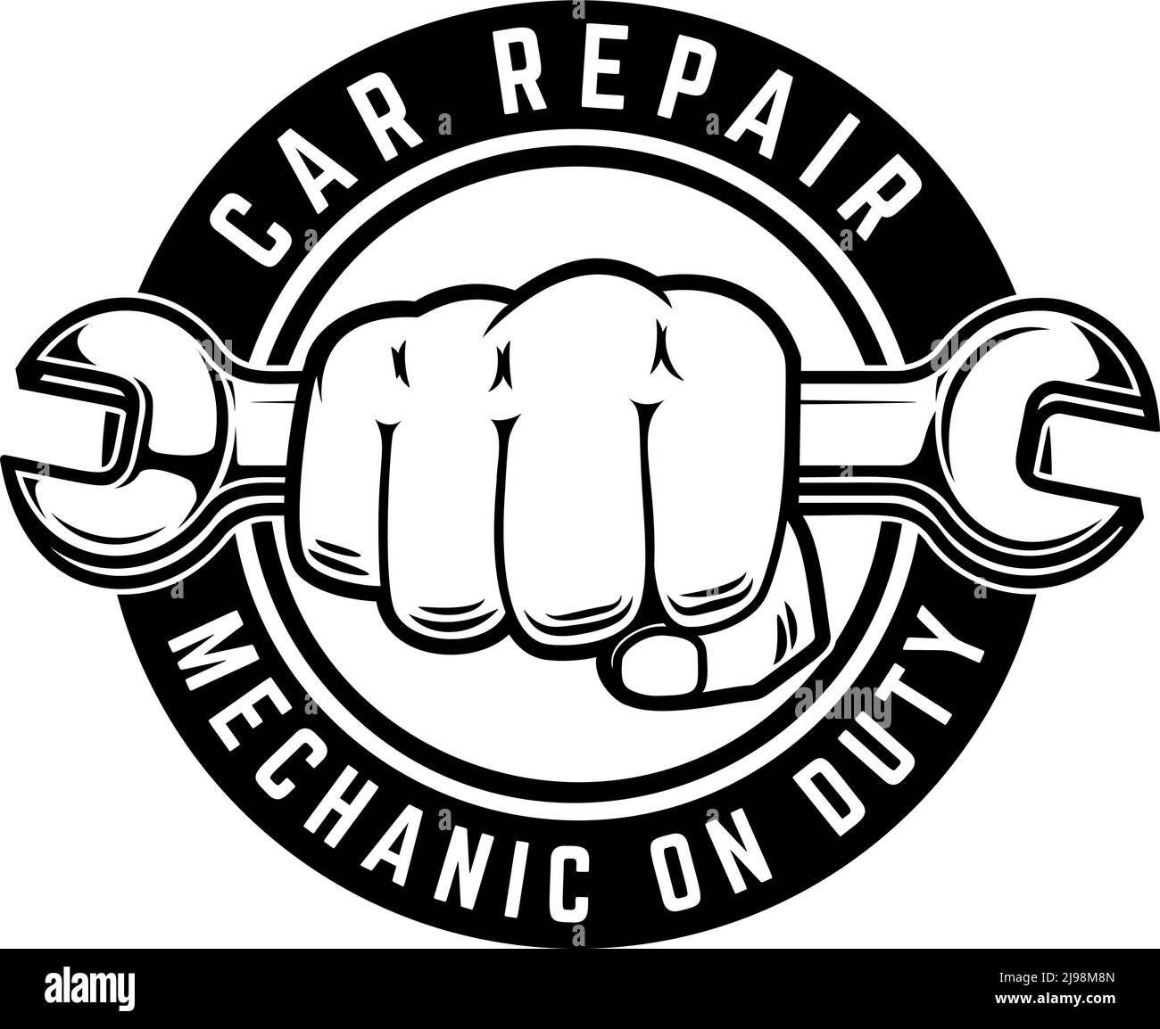 Car repair. Fist with wrench. Design element for logo, emblem 