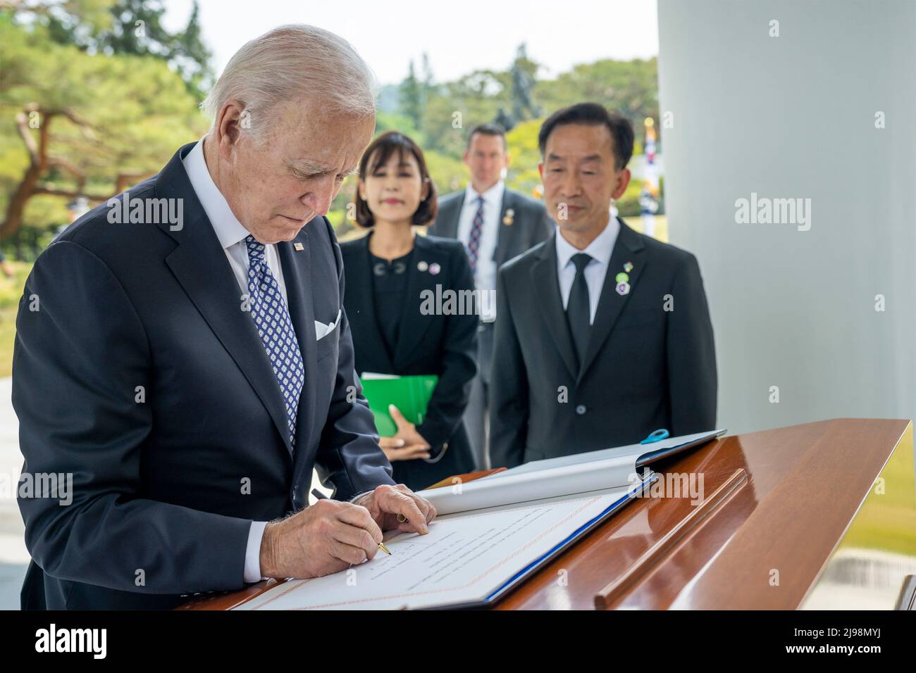 Seoul, South Korea. 21st May, 2022. U.S President Joe Biden, signs the guest book at the Seoul National Cemetery during a visit to to honor war dead, May 21, 2022 in Seoul, South Korea. Credit: Adam Schultz/White House Photo/Alamy Live News Stock Photo