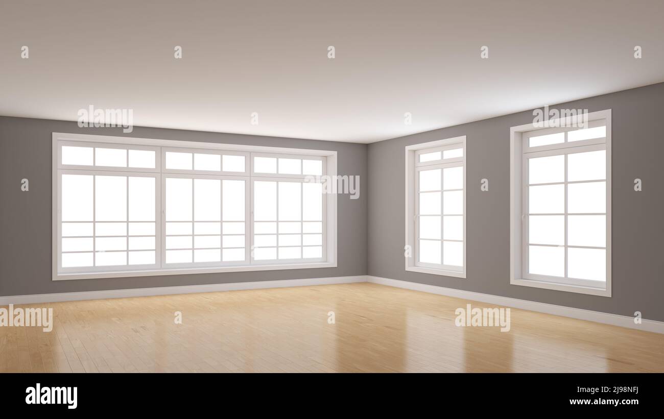 Empty Room Corner with Gray Walls, Three Large White Windows, Light ...